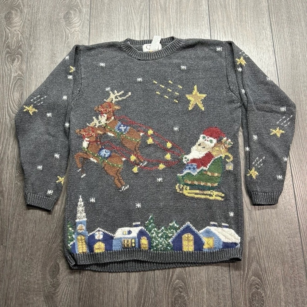 Vintage Cleo Christmas Sweater Mens Small Gray Santa Reindeer Knit 90s Holiday